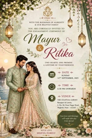 Elegant Couple Engagement Invitation Card English | Floral Digital Ring Ceremony Invitation | EICE-011