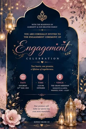 Royal Navy Blue Engagement Invitation Card English | Premium Floral Ring Ceremony Invitation | EICE-015