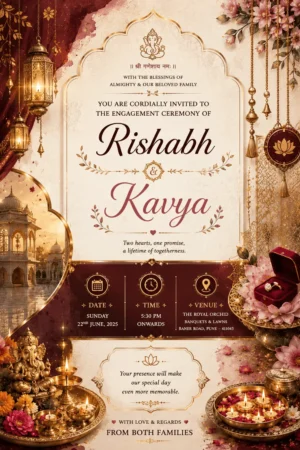 Royal Maroon Engagement Invitation Card English | Traditional Floral Ring Ceremony Invitation | EICE-017