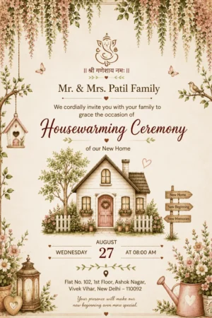 Floral Cottage House Warming Invitation Card English | New Home Ceremony Digital Invitation | HWICE-13