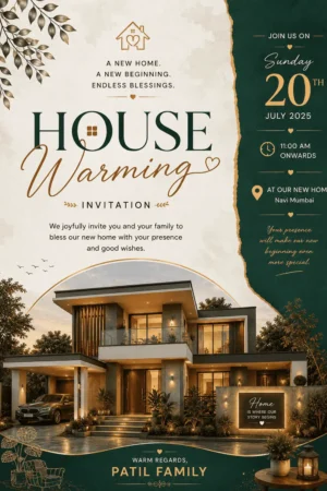 Elegant Green House Warming Invitation Card English | Modern Griha Pravesh & Vastu Shanti Digital Invitation | HWICE-10