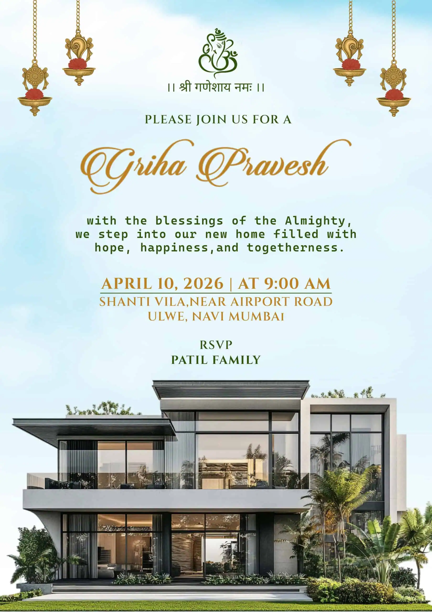 Luxury House Warming Invitation Card English | Modern Griha Pravesh & Vastu Shanti Digital Invitation | HWICE-04